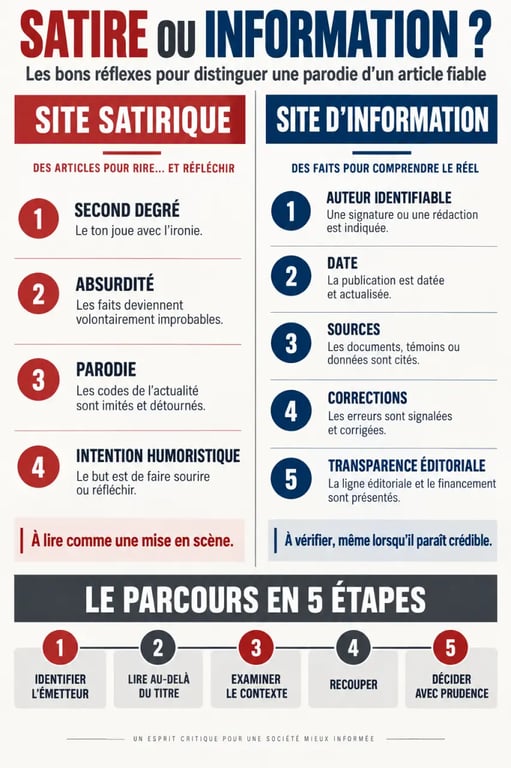 Infographie comment faire la différence entre un site satirique et un site d'information