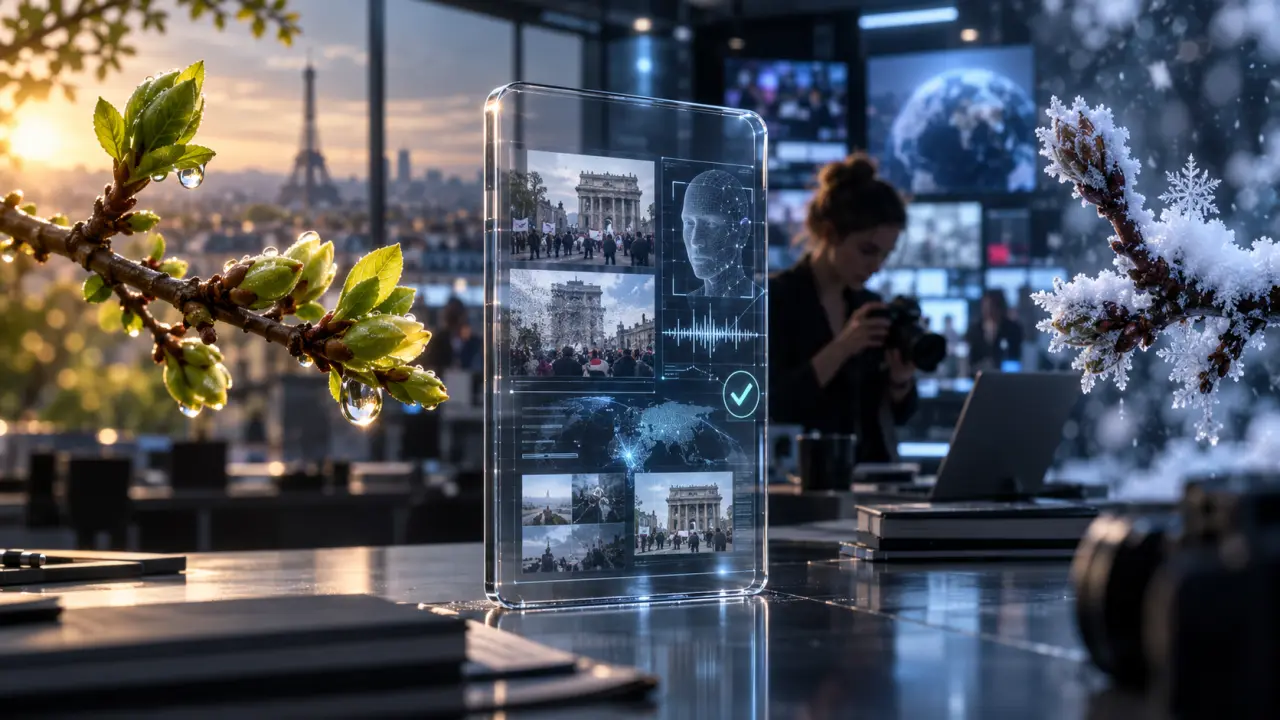 Salle de rédaction numérique où des journalistes vérifient des images générées par intelligence artificielle