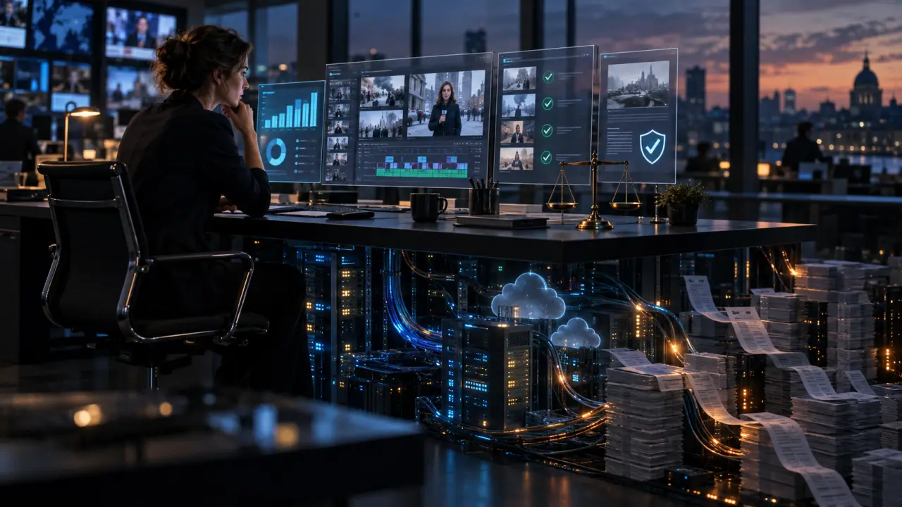 Salle de rédaction moderne utilisant des outils d'intelligence artificielle
