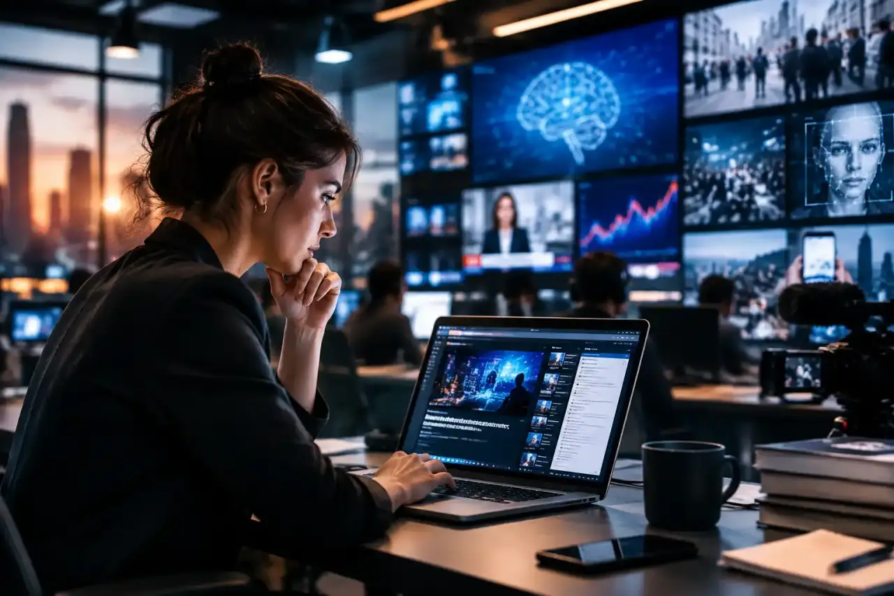 Salle de rédaction moderne avec écrans de données et outils d'intelligence artificielle