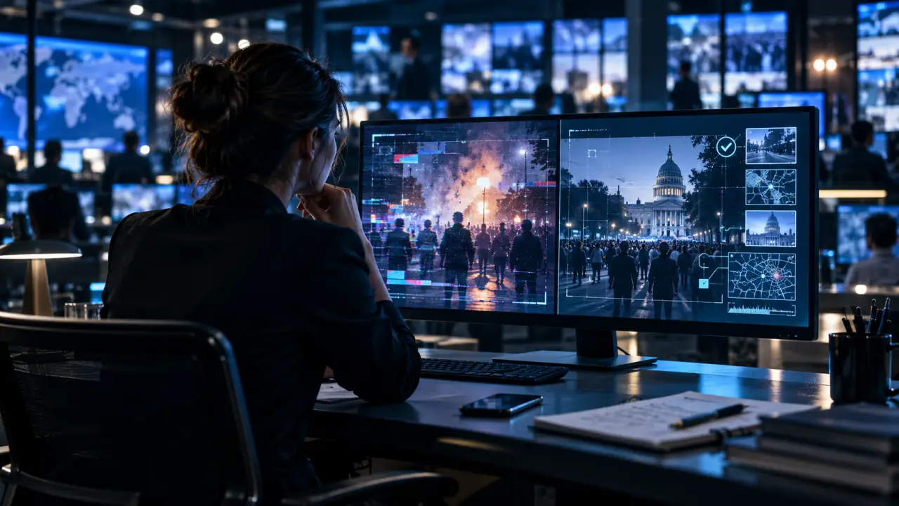 Salle de rédaction moderne avec écrans d'information et données numériques