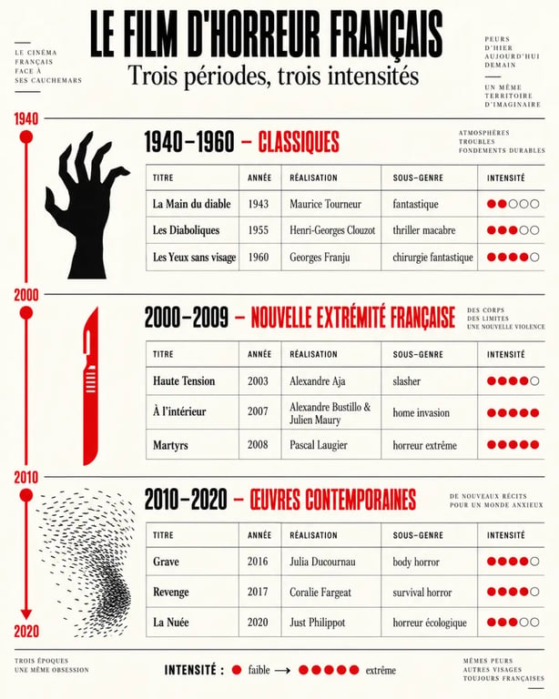 Infographie sur le film horreur france : classiques, Nouvelle Extrémité Française et œuvres contemporaines