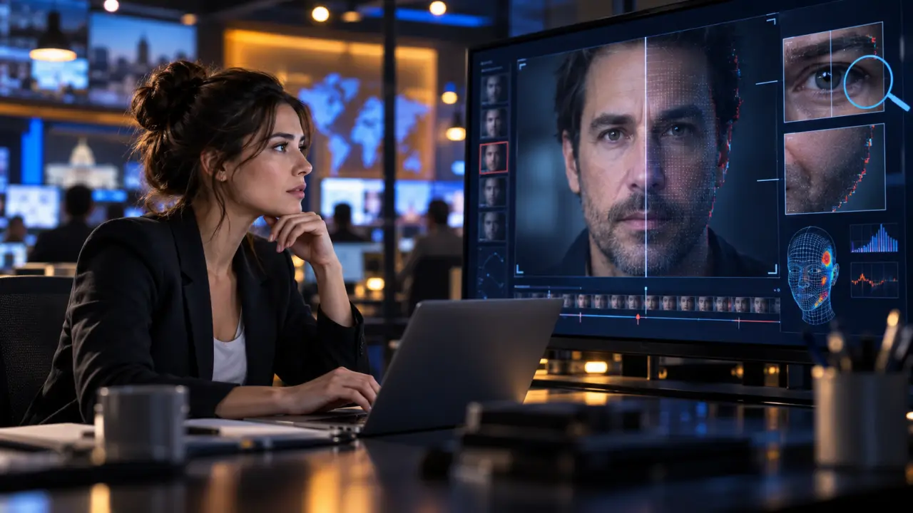 Écran affichant une vidéo manipulée par intelligence artificielle dans une salle de rédaction