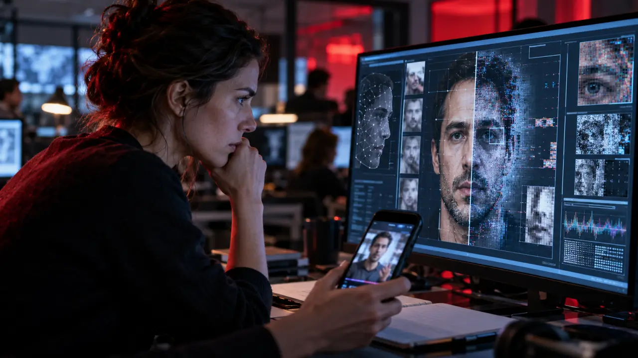 Journaliste vérifiant une information générée par une intelligence artificielle dans une salle de rédaction