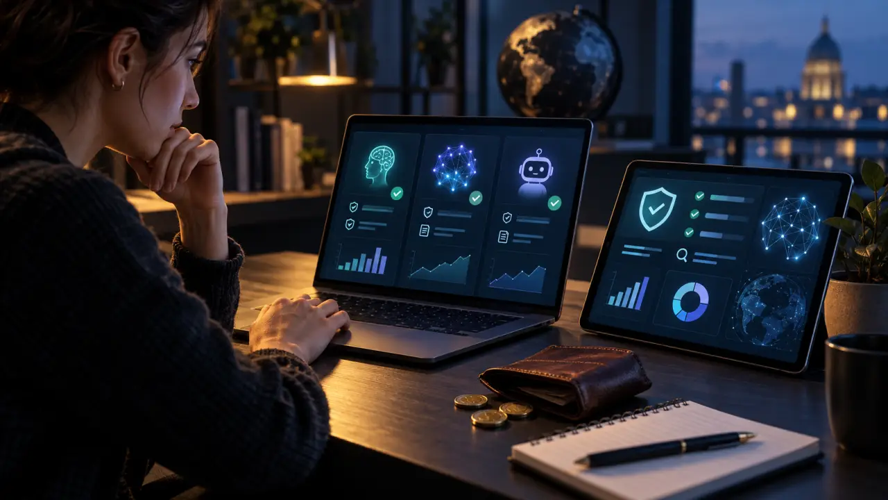 Ordinateur affichant une interface d'intelligence artificielle dans une ambiance technologique