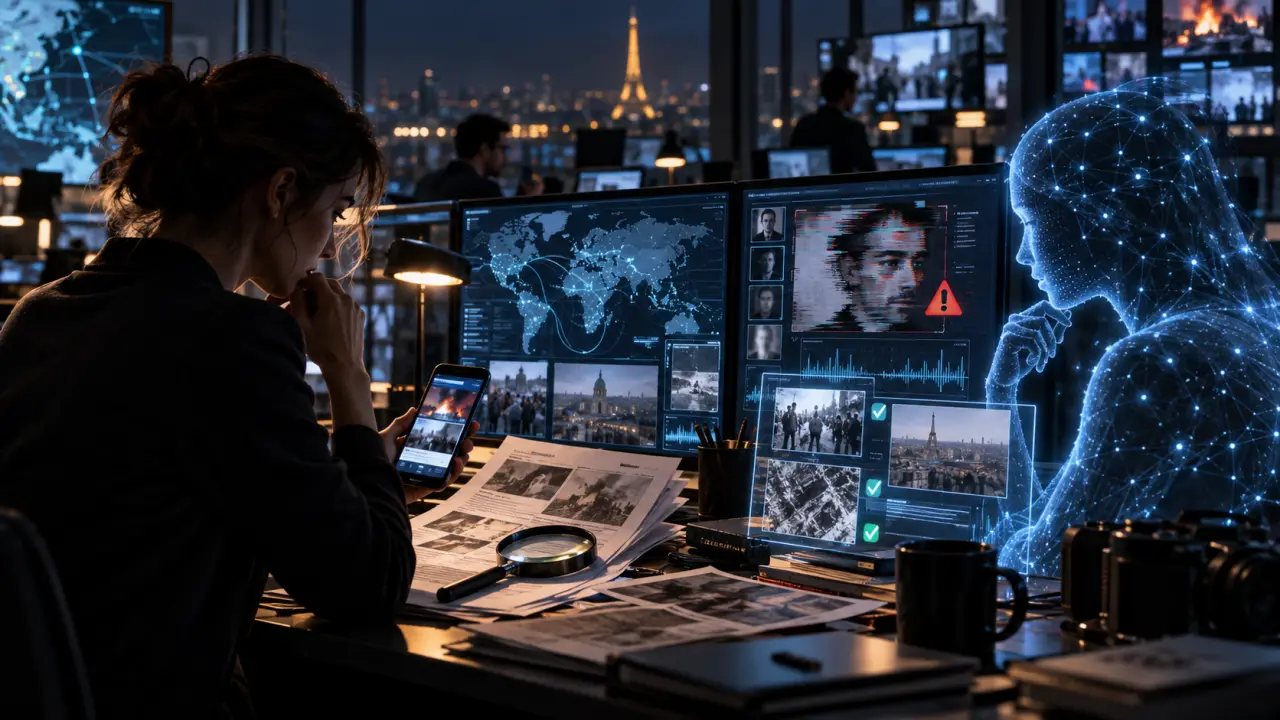 Journaliste vérifiant une information avec des outils d’intelligence artificielle dans une salle de rédaction moderne
