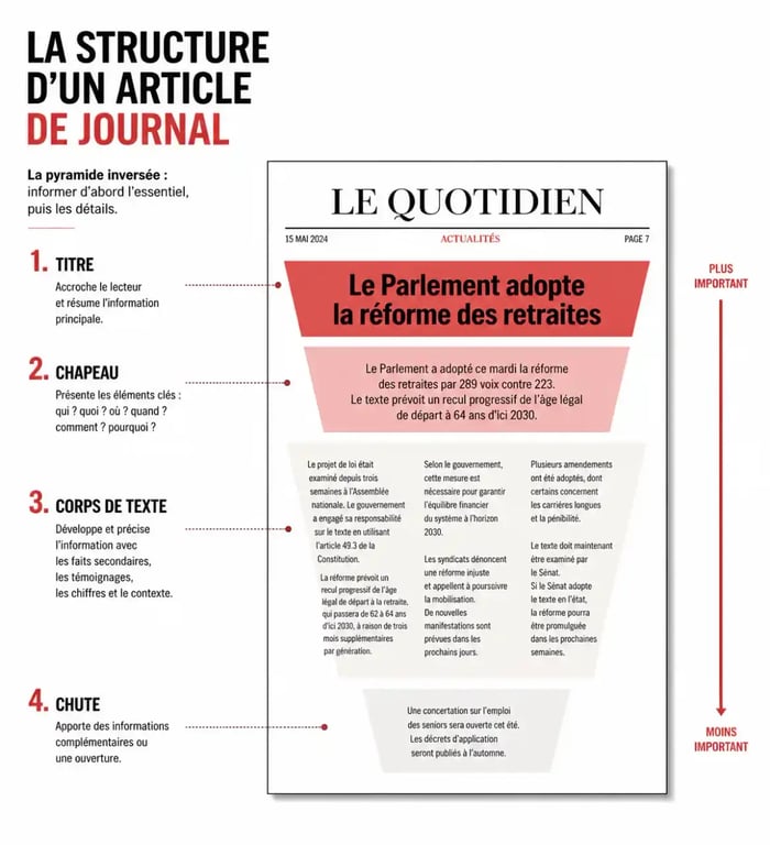 Schéma de la pyramide inversée d'un article de journal exemple avec titre chapeau corps et chute