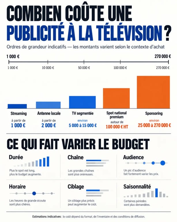 Infographie sur le coût d'une publicité à la télévision selon le format et le budget