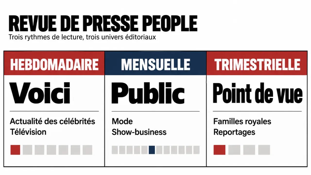Infographie sur la revue de presse people, les titres Voici, Public et Point de vue et leurs rythmes de lecture