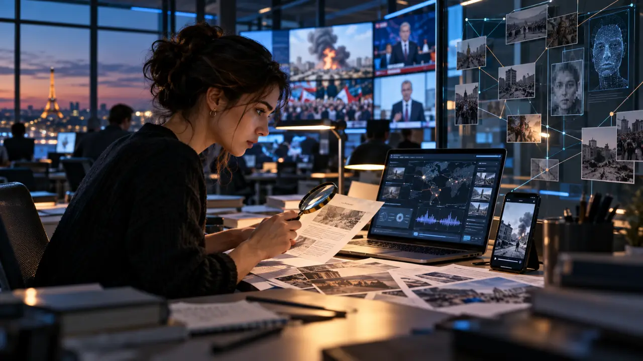 Journaliste vérifiant une information sur plusieurs écrans dans une rédaction numérique