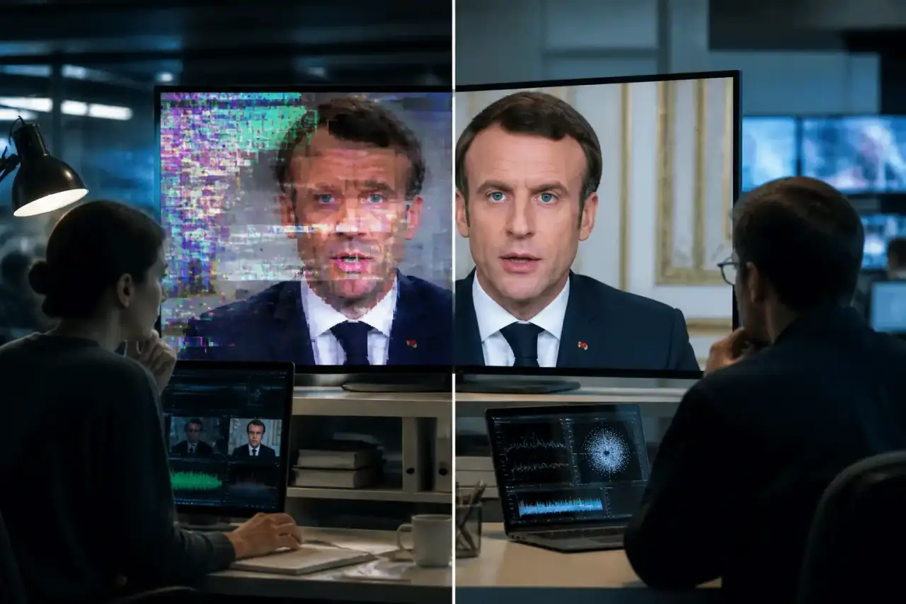 Salle de rédaction moderne analysant des images suspectes sur plusieurs écrans