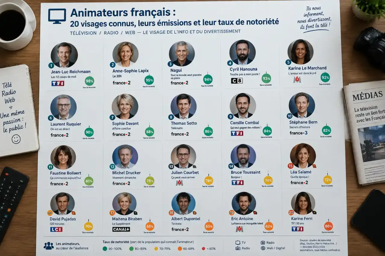 Animateurs français : 20 visages connus, leurs émissions et leur taux de notoriété