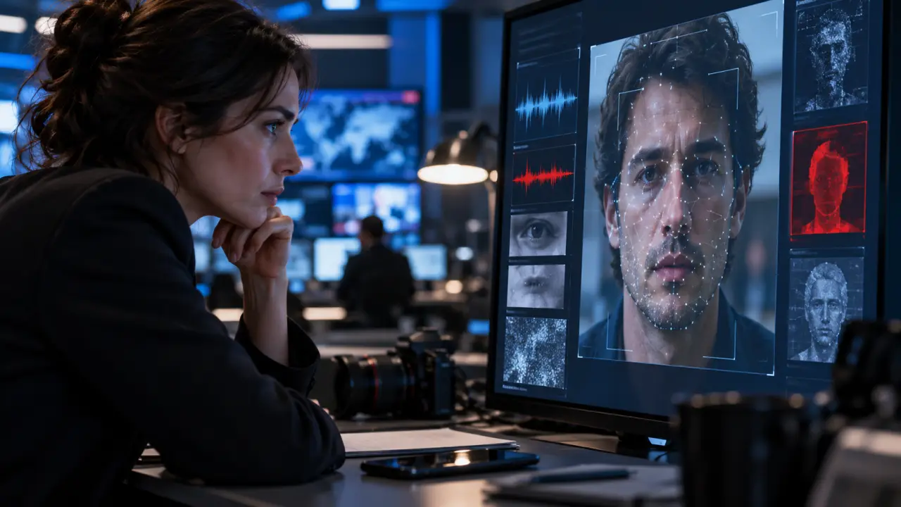 Salle de rédaction numérique affichant des contenus générés par intelligence artificielle et des alertes de vérification