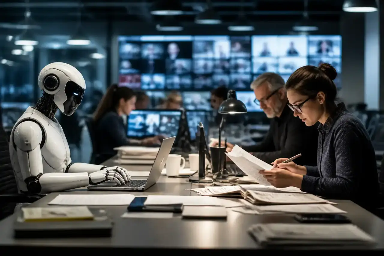 Salle de rédaction moderne avec données numériques superposées
