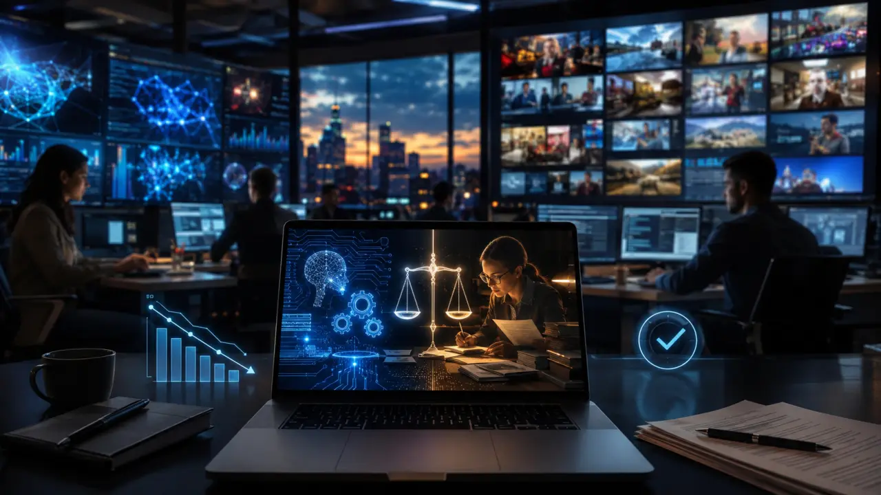 Salle de rédaction moderne avec superpositions de données numériques