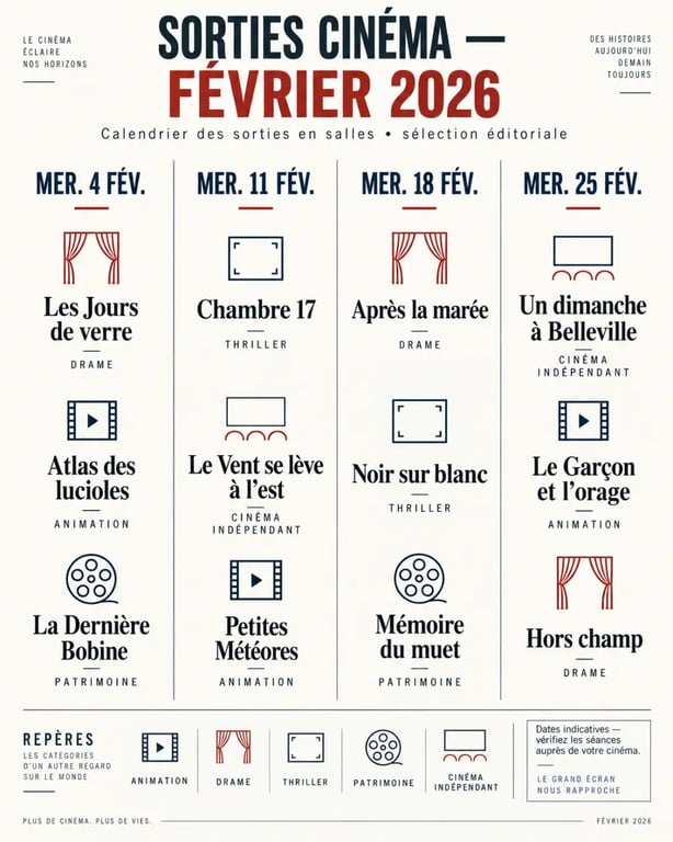 Calendrier des sorties cinéma de février 2026 par semaine et par genre