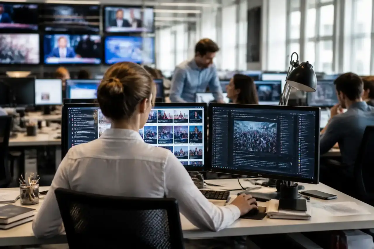 Salle de rédaction moderne avec écrans de données et journalistes suivant un fil d'information en direct