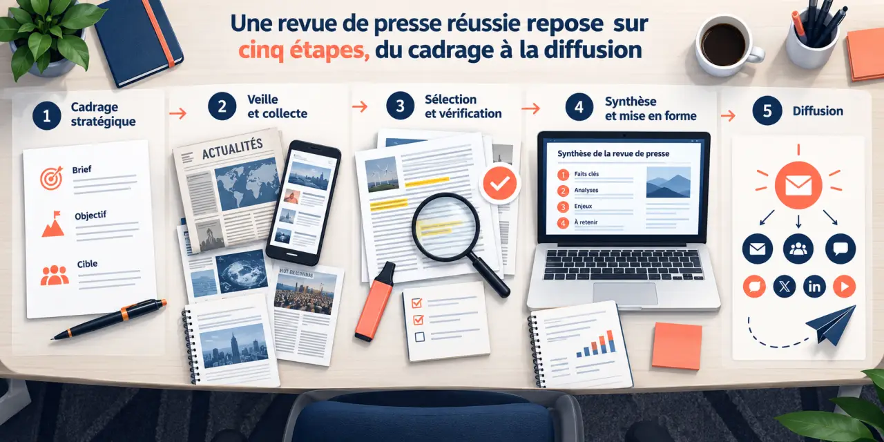 Une revue de presse réussie repose sur cinq étapes, du cadrage à la diffusion