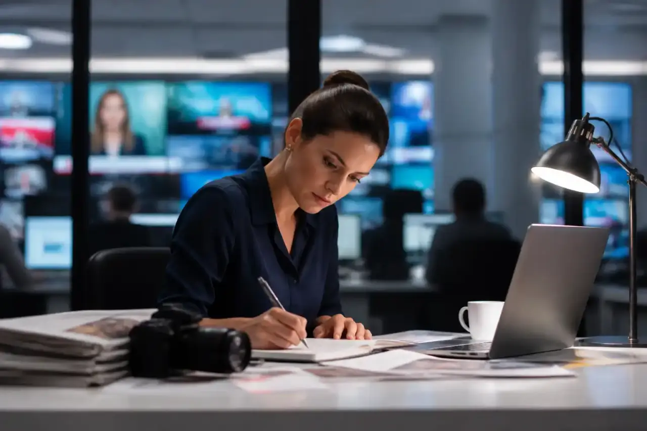 Journaliste travaillant dans une salle de rédaction moderne sans l'aide de l'intelligence artificielle, atmosphère dramatique et authentique