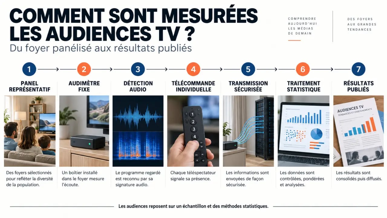Infographie expliquant comment sont mesurées les audiences de la télévision avec panel, audimètre et extrapolation statistique