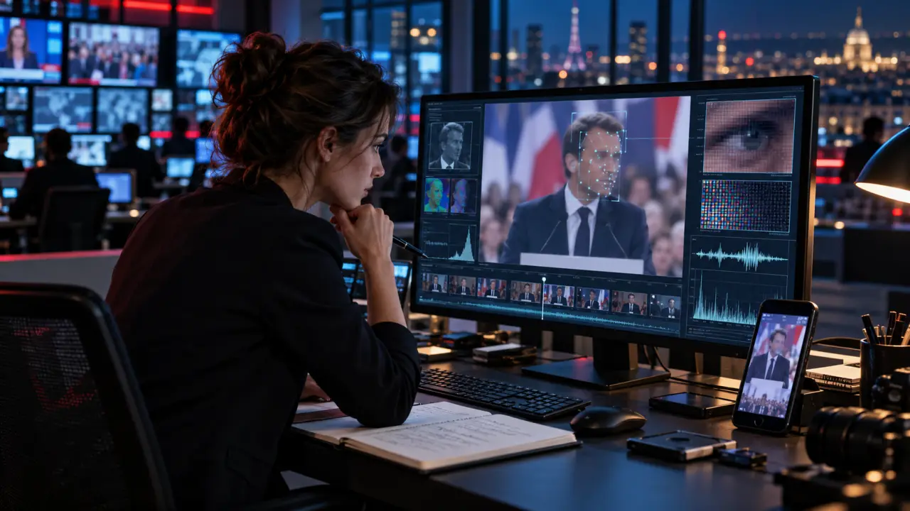 Journaliste vérifiant une vidéo d’actualité sur plusieurs écrans