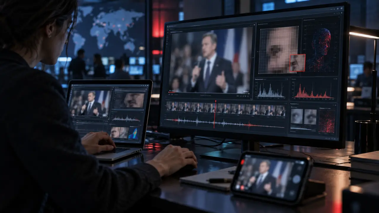 Écran affichant une vidéo analysée pour vérifier son authenticité